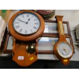 A Metamec oak cased quartz wall clock, a Shortland barometer and two prints. (4)