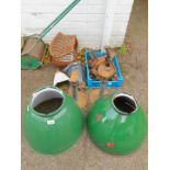 Two green enamel industrial pendant light shades, two rain water hoppers, shoe lasts, etc. (a