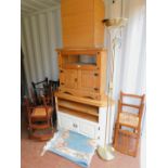 Two pine television stands, filing chest, lamp, mirror and rug, together with six various chairs. (