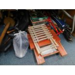 A Victorian oak washing dolly, riding boots, folding tables, mirrors, golf trolley and clubs,