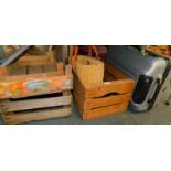Vintage ice skates, fruit crates, a Beverly Hills Polo Club suitcase, etc. (a quantity)