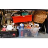 Assorted ceramics, table lamps, glassware, table wares, games, wicker basket, etc. (4 boxes plus)