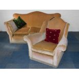 A two seater hump back sofa, upholstered in brown draylon, 176cm wide, together with a matching