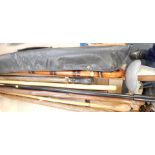 A collection of walking sticks, snooker cue, fencing foil, etc. (a quantity)