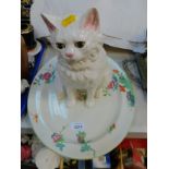 A Casa Pupo porcelain figure of a seated white cat, together with a Wood and Sons oval meat platter.
