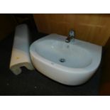 A white ceramic sink, with pedestal, 87cm high, and chrome mixer tap, (2)