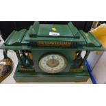A Victorian green painted slate and marble mantel clock, with brass frieze decoration, of