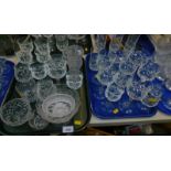 A heavy cut glass ship's decanter, further decanter, bowls and covers, water jugs, ship in a