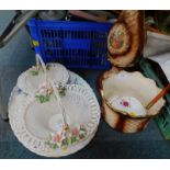 A late 19thC blue and white tree and well meat platter, pottery jardiniere on stand, Colclough tea