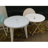 Two white painted folding garden tables, both 107cm high, 65cm wide, together with a plastic
