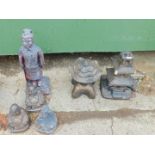 Reconstituted stone garden ornaments, to include Buddha figures. (6)