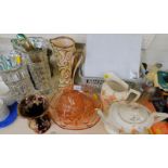 A Wade Heath pottery budgerigar jug, Wade Gothic jug, carnival glass vase, pink glass fruit set, tea