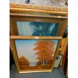 An autumn landscape oil painting by Paul, and assorted prints, various subjects. (a quantity)