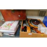 Musical instrument parts, single duvet set, sundries and a brown leather suitcase. (1 box plus)