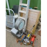 Avery Fan scales (AF), car jacks, wooden gate, step ladder, sink with drainer and steps, chair,
