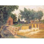 19thC English School. Bridge and stream before trees and building, oil on canvas, unsigned, 49cm x