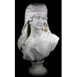 A 20thC plaster figural bust, quarter profile in elaborate headdress on oval plinth base,