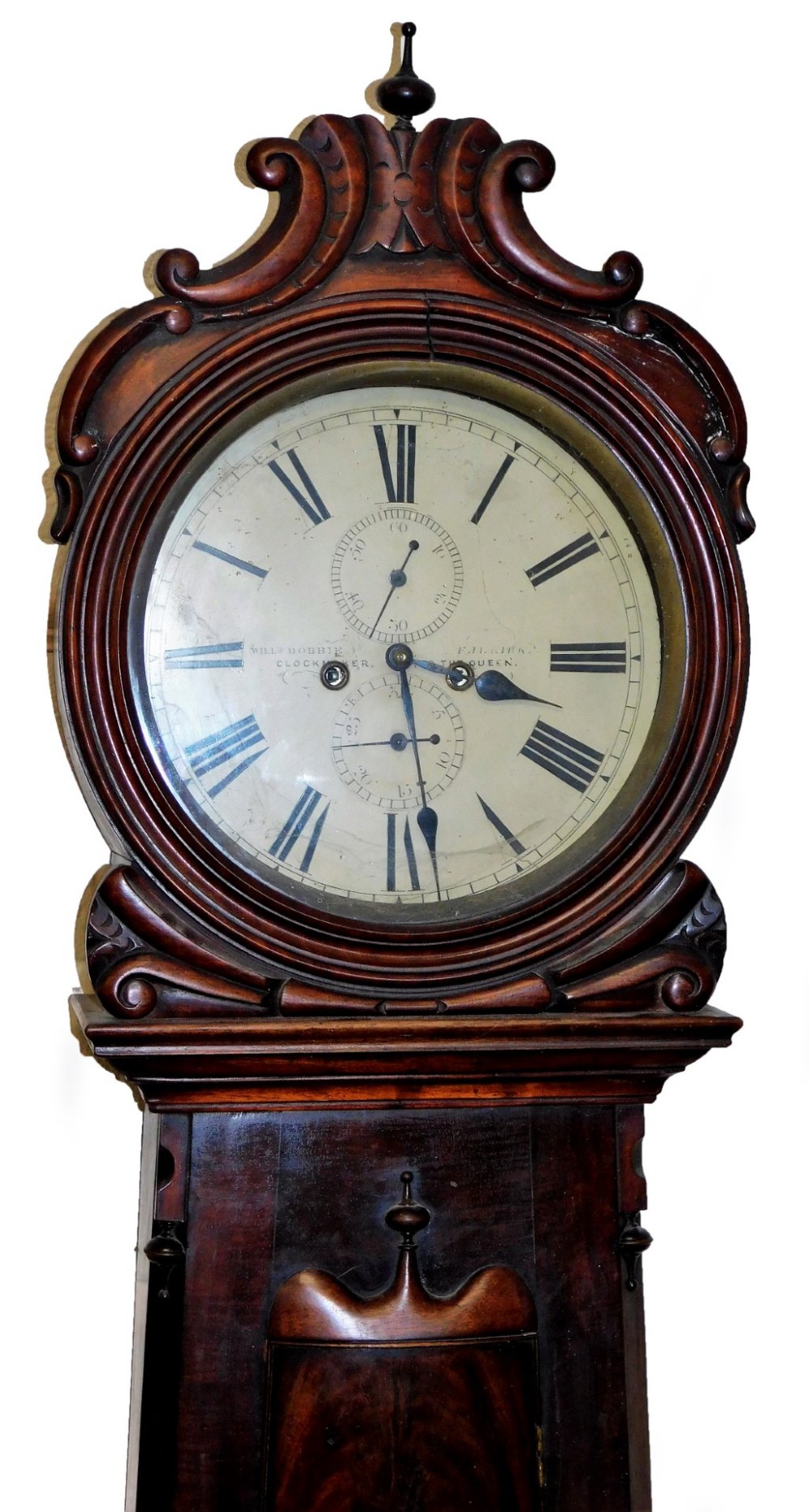 William Dobbie, Falkirk. A 19thC Scottish mahogany drumhead longcase clock, with a carved scroll