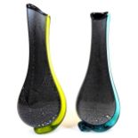 A matched pair of studio Our Glass vases, with turquoise and yellow glass sections,
