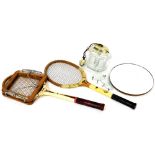 Various vintage tennis racquets, Slazenger, with stretcher, 64cm high, etc., glass light shade