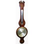 A late 19thC mahogany and part inlaid banjo barometer, the broken pedimented hood, surmounted by