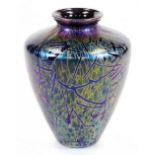 A Brierley Midnight Black shouldered vase, decorated in opalescent pattern, labelled beneath, 14cm