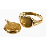 A 9ct gold signet ring, with plain head, a small 9ct gold photographic pendant, 5.2g all in. (2)