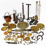 Various metalware, horse brasses, early 20thC copper coal helmet, with swing brass handle, 27cm