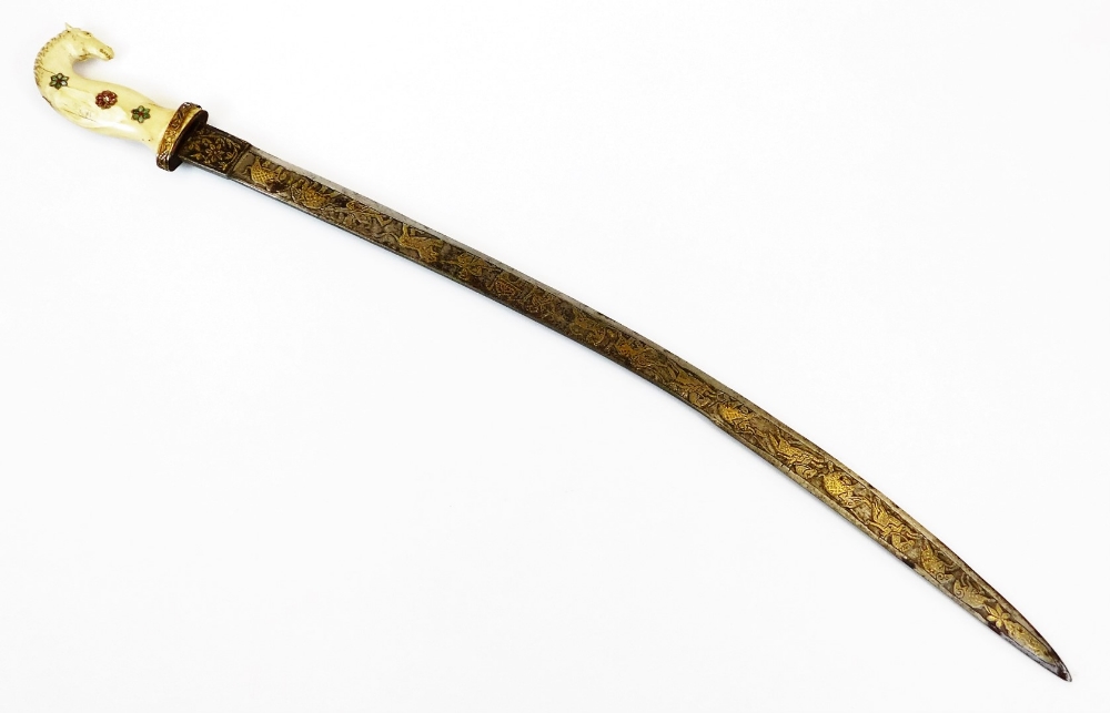 A 19thC Indian Shamshir sword, the slightly curved blade decorated with a hunting scene in gold - Image 5 of 6