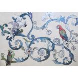 A wool work picture of parrots, in scrolling foliage, needlework on silk, oak framed, 78cm x 112cm.