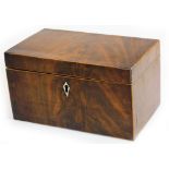 An mid 19thC flame mahogany tea caddy, of rectangular form with sectional interior and diamond
