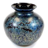 A Brierley Midnight Black orb vase, of bellied shouldered form, decorated in an opalescent floral