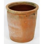 A terracotta pot, of cylindrical form, glazed to the interior, 38cm high, 37cm diameter.