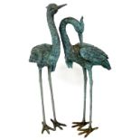 A pair of Leonardo Rossi type bronze garden heron ornaments, one with neck arched, unsigned, 103cm