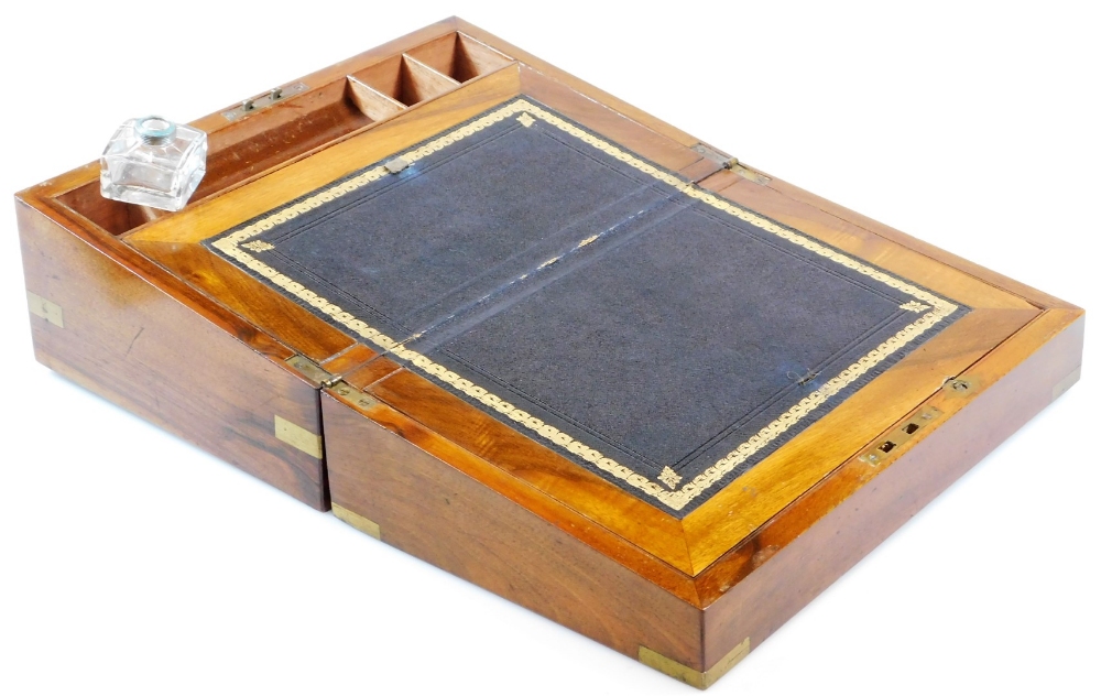 A mid 19thC mahogany campaign writing box, with brass mounts and a vacant shield shaped cartouche to - Image 2 of 4