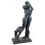 A late 20thC Austin sculpture, bracing semi clad male and female, by S Romo, on plinth base, signed,