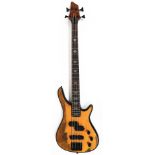 A four string bass electric guitar, with shaped tuning knops, 108cm wide.