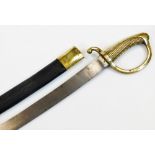 A sword, with curved plain blade, leather scabbard with brass mounts and shaped handle marked 1804