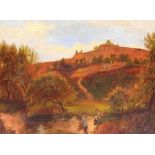 19thC Continental School. Fisherman on riverbank before trees and hills, unsigned, oil on canvas,