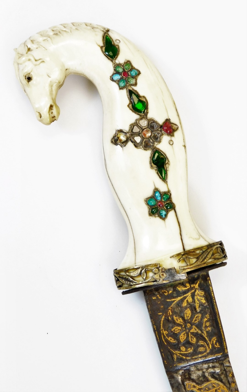 A 19thC Indian Shamshir sword, the slightly curved blade decorated with a hunting scene in gold - Image 2 of 6