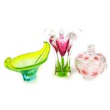 A Chribska Josef Hospodka glass vase, of flared form in pink, clear and green glass,