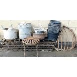 Various metalware, trellis, zinc galvanized watering can, 48cm high, stew pot, other cylindrical