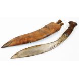 A 20thC Kukri, with shaped blade, two miniature knives and leather sheath, 46cm wide.
