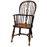 A 19thC ash and elm high back Windsor chair, with pierced Retford style back splat, on triple reed