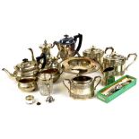 Various silver plated ware, gadrooned three piece tea service, to include tea pot, 16cm high, two