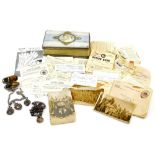 Various early 20thC and later postcards, ration book, silver watch chain, plated double sovereign