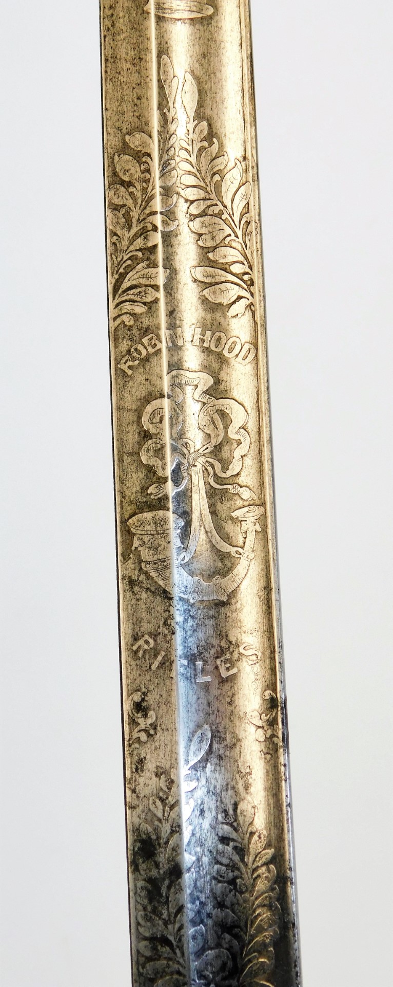 A Robin Hood rifle sword, with etched blade, plain scabbard, basket weave hilt, initialed VR with - Image 6 of 8