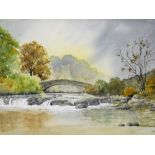 Barbara Fraser (20thC). Stream and bridge before trees with clouds gathering, watercolour, signed,