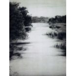 Johnstone Baird (late 19thC). Calm stream, etching, signed, 30cm x 21cm.