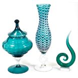 A Nailsea style pained turquoise and glass vase, of shaped baluster form, with shaped stem and plain